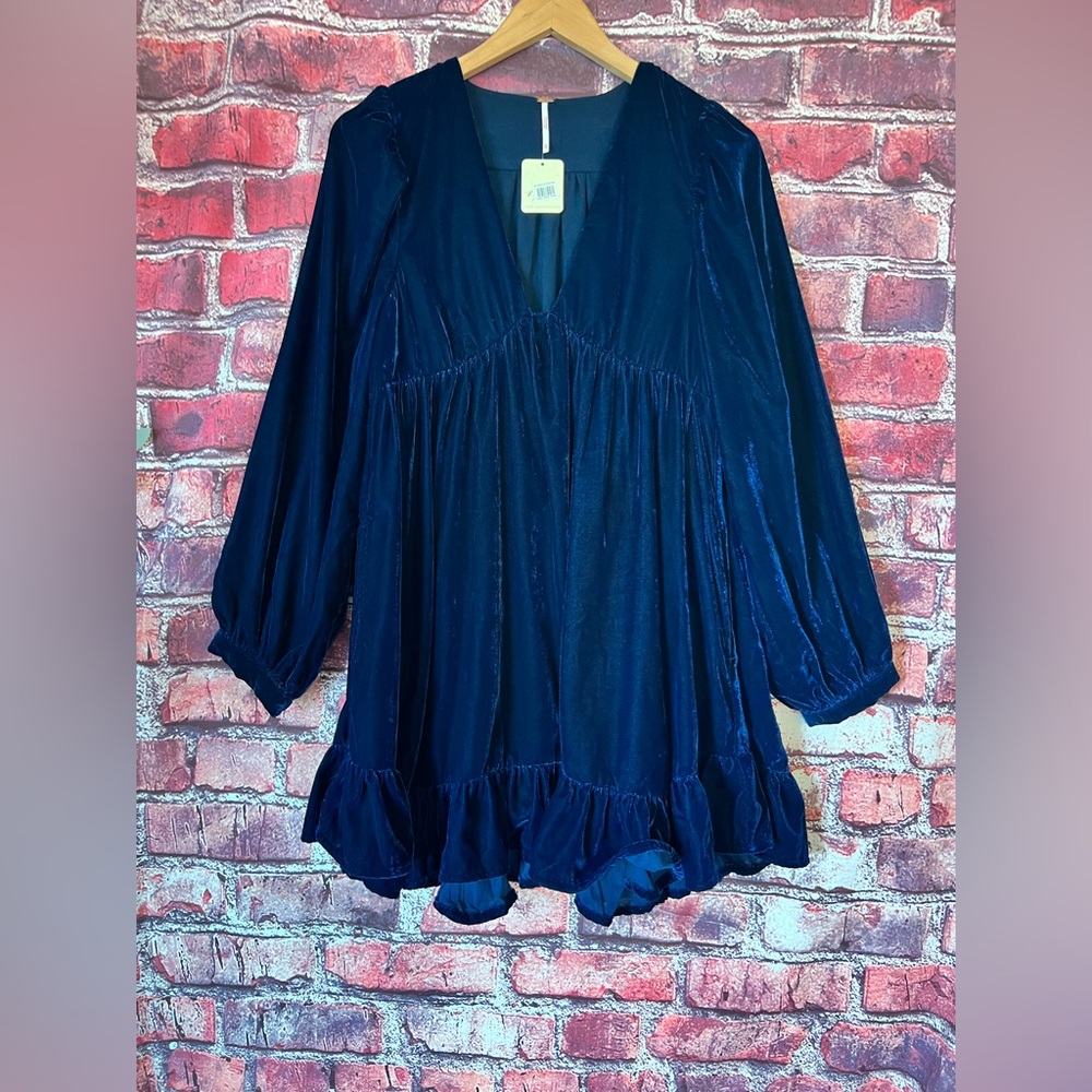 NWT Free People Estella Velvet Mini Dress Oceana Navy Blue Boho Size XS